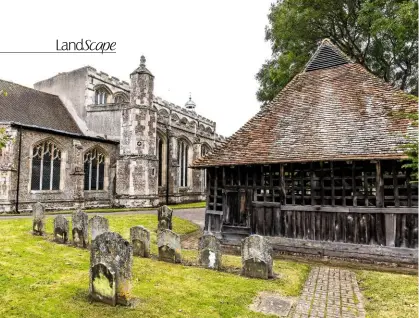  ??  ?? St Mary’s, East Bergholt with its Bell Cage. It was moved from the east side of the church in the 17th century following a request from a family at the Old Hall who disliked the bells’ sound. The heavy bells of St Mary’s are swung by hand applied directly to a wooden headstock.