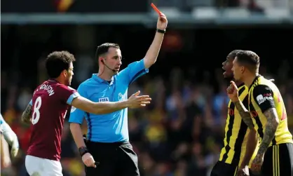  ??  ?? Chris Kavanagh‘s dismissal of Jose Holebas has been rescinded. Photograph: Craig Brough/Action Images via Reuters