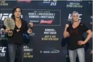  ?? ERIK VERDUZCO — LAS VEGAS REVIEW-JOURNAL VIA AP ?? Amanda Nunes, left, and Valentina Shevchenko pose during media day for UFC 213.