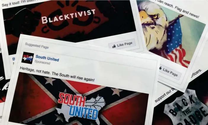  ??  ?? Some of the Facebook ads linked to a Russian effort to disrupt the American political process during the 2016 election campaign. Photograph: Jon Elswick/AP