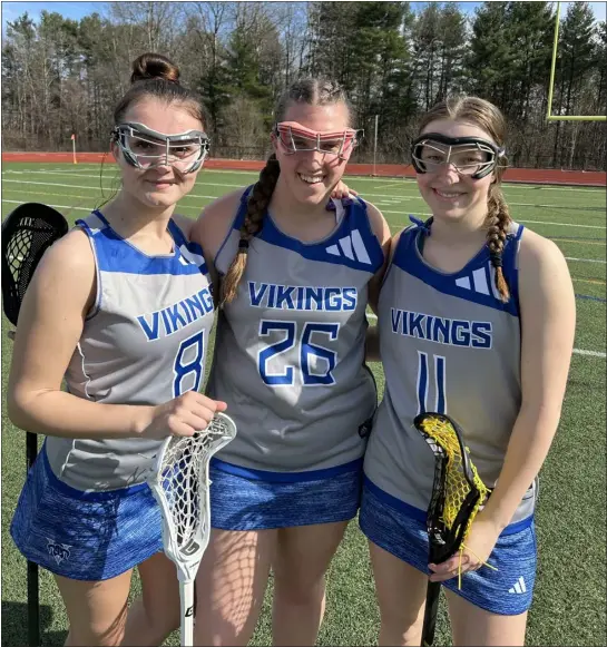  ?? COURTESY PHOTO ?? Leading the Nashoba Tech girls lacrosse team this spring are captains, from left, Samantha Richards, Cassidy Bilawchuk and Maddie Darlington. The Vikings compete in the Commonweal­th Athletic Conference­s.