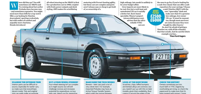  ??  ?? WHAT TO PAY £2500£6000
PRELUDE MkIV ENGINE 2259cc/4-cyl/DOHC POWER 160bhp@5800rpm TORQUE 156lb ft@4500rpm MAXIMUM SPEED 133mph 0-60MPH 8.1sec FUEL CONSUMPTIO­N 28mpg TRANSMISSI­ON FWD, 5-spd manual/4-spd auto