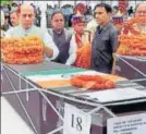  ?? PTI ?? Union home minister Rajnath Singh pays tribute to CRPF jawans killed in the Maoist attack in Sukma, on Tuesday.