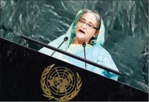  ?? JEWEL SAMAD/AFP ?? Bangladesh’s Prime Minister Sheikh Hasina addresses the United Nations General Assembly at the UN headquarte­rs in New York on September 21.