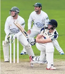  ?? GETTY ?? Yorkshire’s Alex Lees sweeps for four on his way to an impressive 87 as the visitors closed the day 13 runs short of Worcester