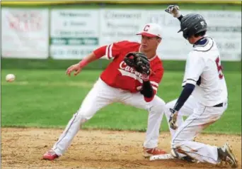  ?? DFM FILE ?? Archbishop Carroll’s Chris Grill, left, in action from last season, ripped a double to help the Patriots win their first District 12 championsh­ip in baseball.