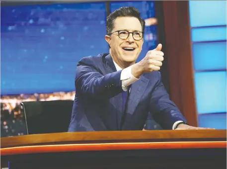  ?? CBS ?? “I’m not sure if I’d ever want another bite of that apple, though,” Stephen Colbert says of interviewi­ng Donald Trump. “Talk about sipping poison.”