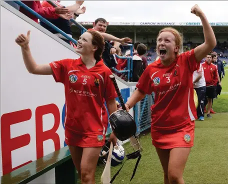  ??  ?? Cork’s Meabh Cahalane, left, and Laura Treacy celebrate after the televised All-Ireland Camogie Championsh­ip semi-final game between Cork and Wexford at Semple Stadium in Thurles.
