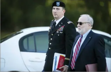  ?? ANDREW CRAFT — THE FAYETTEVIL­LE OBSERVER VIA AP ?? Sgt. Bowe Bergdahl’s military attorney, Lt. Col. Franklin Rosenblatt, and his civilian attorney, Eugene Fidell, arrive at the Fort Bragg courthouse for a sentencing hearing on Wednesday on Fort Bragg, N.C. Bergdahl, who walked off his base in...