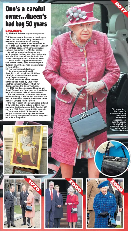  ??  ?? Old favourite... The Queen’s Launer handbag has made numerous appearance­s over the years, its distinctiv­e emblem, inset, is a clue to its history