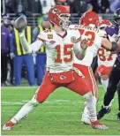  ?? GEOFF BURKE/USA TODAY SPORTS FILE ?? Chiefs quarterbac­k Patrick Mahomes passes against the Ravens in the AFC title game on Jan. 28 in Baltimore.