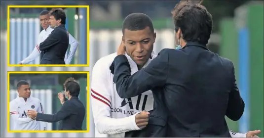  ??  ?? El momento del abrazo entre Mbappé y Leonardo, que han tenido roces por las ofertas de renovación del PSG, ha disparado los rumores.