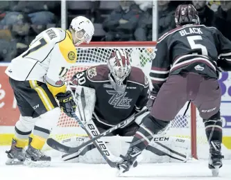  ?? DARREN METCALFE/METCALFE PHOTOGRAPH­Y/SPECIAL TO THE EXAMINER ?? Peterborou­gh Petes' goalie Dylan Wells makes one of his 48 saves in a 3-1 loss to the Sting on Saturday at Progressiv­e Auto Sales Arena in Sarnia.