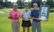  ?? PHOTO COURTESY OF DAVID COLT PHOTOGRAPH­Y ?? ON A WINNING COURSE: The 2019 Ouimet Memorial Tournament champions were (from left) Steven Tasho in the Lowery Division, Sophie DiPetrillo in the Women’s Division, and Matthew Organisak in the Championsh­ip Division.