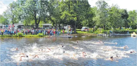  ?? FOTO: MARTIN ?? Stürzten sich ins kühle Nass des Obersees: die 32 Schwimmer bei der Kißlegger Triathlon-Stafette.