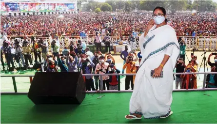  ?? - PTI ?? West Bengal chief minister Mamata Banerjee during a public rally at Kalna in Burdwan district on Tuesday.