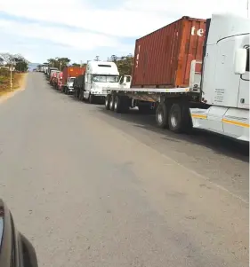  ?? —Picture by Abel Zhakata. ?? Stuck...Hundreds of haulage trucks queue just outside the Mutare Dry Port awaiting clearance by Zimra officials. The queue is reportedly stretching for 15 km into Mozambique.