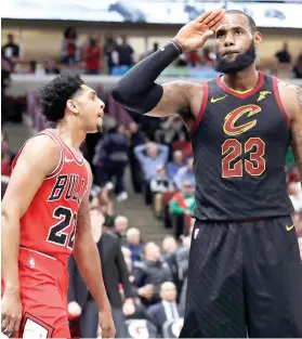 ??  ?? NOT THIS TIME. Cleveland Cavaliers forward LeBron James reacts after blocking a shot by Chicago Bulls guard Cameron Payne in the second half. AP FOTO/NAM Y. HUH