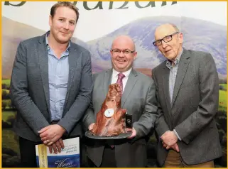 ??  ?? Billy Mangan (Corkman Advertisin­g Executive) presenting the Best Agri Led Business Award to Edward and Ned English of Castlecor Potatoes at last year’s Awards.