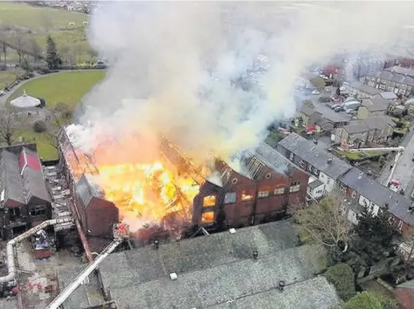  ?? Greater Manchester Fire Air Unit ?? l●Dozens of firefighte­rs tackled the blaze at Proofings Mill in Littleboro­ugh