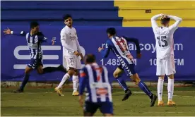  ?? Photograph: Manuel Lorenzo/EPA ?? Alcoyano’s midfielder Juanan Casanova (left) celebrates scoring the extra-time winner.