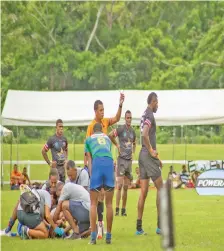  ?? Photo: Leon Lord ?? Yamacia prop Sevuloni Mocenacagi (left) leaves the field after shown the red card for a dangerous on January 23, 2021. He served his match suspension and was again red carded yesterday for throwing the ball at the referee.