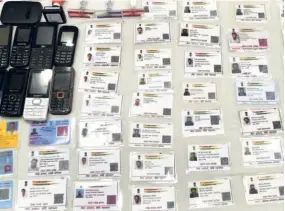  ?? ?? POLICE OFFICIALS of Cyberabad display seized duplicated Aadhaar cards and mobile SIM cards. Personal informatio­n given on Aadhaar cards, such as date of birth and residentia­l address, can be easily misused by unscrupulo­us elements and hackers.