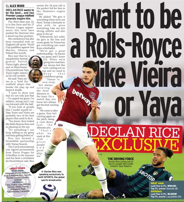  ??  ?? Declan Rice was speaking exclusivel­y to bein SPORTS, the global
sports broadcaste­r
THE DRIVING FORCE Declan Rice comes out on top in a tangle with Leeds
United’s Tyler Roberts
WEST HAM
Last five in PL: WWLWL
Top PL scorer: Soucek (8) ARSENAL
Last five in PL: WLWDW
Top PL scorer: Lacazette (10)