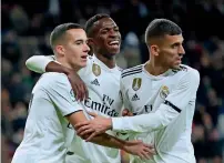 ?? AP ?? Real’s Lucas Vazquez (left) celebrates his goal with his teammates during a Copa del Rey match against Leganes. —