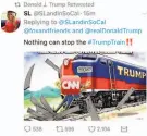 ?? Twitter ?? President Trump retweeted a cartoon showing a train labeled “Trump” running over a man with the CNN logo covering his face.