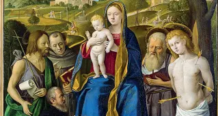  ??  ?? Colori Gerolamo da Santacroce «Madonna con il Bambino, quattro Santi e un donatore»