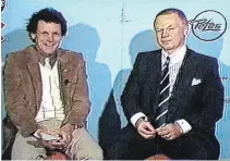  ?? SPECIAL TO THE EXAMINER ?? A screen capture of Barrie’s Beat columnist Don Barrie with then scout Don Cherry on a Peterborou­gh Petes cable television pre-game show in 1985 on Maclean-Hunter Cable.