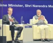  ?? VIPIN KUMAR/HT ?? Prime Minister Narendra Modi with World Economic Forum (WEF) president Borge Brenda during the launch of the Centre for the Fourth Industrial Revolution in New Delhi, Thursday.