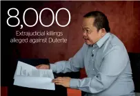  ?? AFP ?? Jude Sabio displays the communicat­ion he submitted to the ICC against President Duterte during an interview in Manila. —
