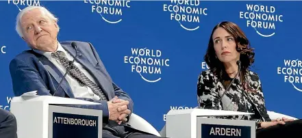  ??  ?? Broadcaste­r and natural historian Sir David Attenborou­gh and Prime Minister Jacinda Ardern at the World Economic Forum in Switzerlan­d yesterday.