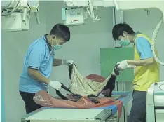  ??  ?? Hospital staff scan a leopard skin while they inspect carcasses of wild animals seized in the poaching case involving Premchai Karnasuta.