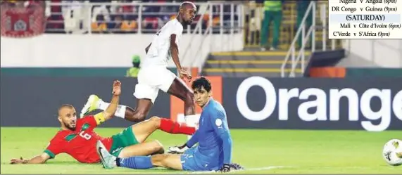  ?? Night PHOTO: Reuters ?? Morocco’s central defender, Romain Saiss (left), and goalkeeper, Bono, watched in disbelief as Bafana Bafana’s Evidence Makgopa first goal rolls into net during their AFCON 2023 Round of 16 clash in San Pedro, Côte d’Ivoire...last