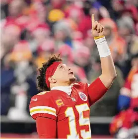  ?? Charlie Riedel/Associated Press ?? Kansas City Chiefs quarterbac­k Patrick Mahomes reacts before the AFC Championsh­ip game against the Cincinnati Bengals on Jan. 29 in Kansas City, Mo.