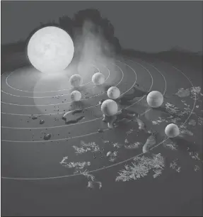  ??  ?? Representa­ción artística de la estrella Trappist-1 y sus planetas rocosos, en la constelaci­ón de Acuario