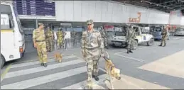  ?? PTI ?? ▪ Security personnel at Terminal 2 of Indira Gandhi Airport in New Delhi. CISF is on high alert at four airports