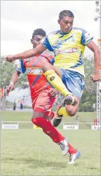  ?? Picture: FIJI FA MEDIA ?? Nadroga’s Krishneel Dutt, right, in action against Navua in the final.