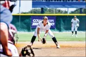  ?? MIYUKI TAKEDA-BAJAN — MTB.FASTPITCH.PHOTOGRAPH­Y ?? Chico State third baseman Grace Stover gets ready in the Wildcats’ 6-5loss to Cal State Dominguez Hills on the second day of the California Collegiate Athletic Associatio­n tournament on Friday in Seaside.