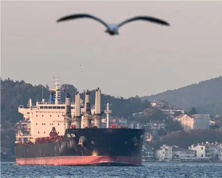 ?? AFP ?? Asl Tia, a cargo vessel carrying Ukrainian grain, sails on the Bosporus to the Marmara Sea, in Istanbul, on Thursday.