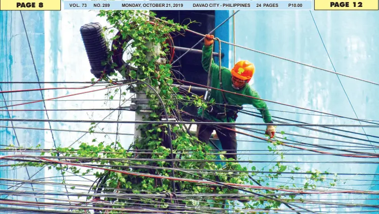  ??  ?? A LINEMAN removes plants that climbed up the service pole and were tangled in cables along Quimpo blvd. to avoid any untoward incident. BING GONZALES