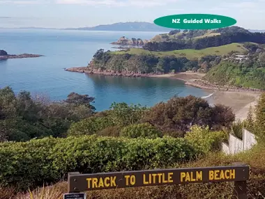  ??  ?? Above left: The sign pointing out the route on the Te Ara Hura Trail. Above right:: Overlookin­g Palm Beach. Below left middle: and below: Where you walk on Waiheke Island you are never too far fom the sea.