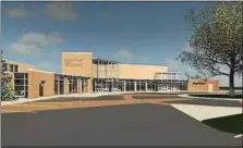  ?? PHOTO COURTESY OF PHOENIXVIL­LE AREA SCHOOL DISTRICT ?? The second of two design options for a possible new entrance to Phoenixvil­le Area High School adds a main entrance used during the school day and a second entrance for members of the public attending an event at the auditorium at night. After...