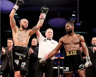  ?? Photo: LEIGH DAWNEY/WASSERMAN BOXING ?? WORTHY WINNER: Arthur gets his hand raised after 10 rounds