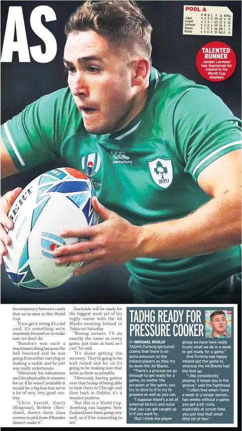  ??  ?? TADHG Furlong (pictured) claims that there is no extra pressure on the Ireland players as they try to down the All Blacks.
“There’s a process we go through to get ready for a game, no matter the occasion or the game, you try to stick to it to try to prepare as well as you can.
“I suppose there’s a lot of external factors and noise that you can get caught up in if you want to.
“But I think the player TALENTED RUNNER Jordan Larmour has impressed for Ireland in his World Cup displays group we have here really trusts what we do in a week to get ready for a game.”
And Furlong was happy Ireland got the game in, whereas the All Blacks had the feet up.
“I like consistent­ly playing, it keeps you in the groove,” said the tighthead.
“I often find when I have a week or a longer period... two weeks without a game, you get a bit rusty, especially at scrum time, you just lose that small little bit of feel.”