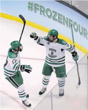  ?? — GETTY IMAGES FILES ?? Troy Stecher, right, was a standout last year for the NCAA champion University of North Dakota Fighting Hawks.