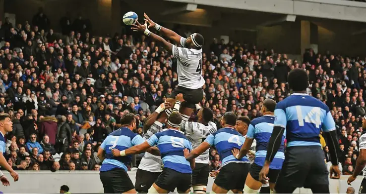  ?? Photo: Actu Rugby ?? Veteran Flying Fijian lock Api Ratuniyara­wa makes a two-handed catch in a lineout against French Barbarians in Lille, France on November 19, 2022. Fiji won 46-14.
